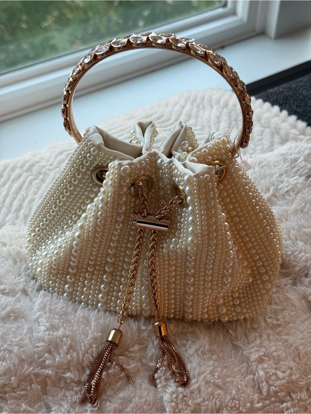 Pearl Bon Bon Ivory Satin Bag with All-Over Pearls